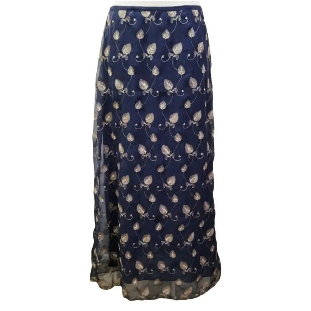 Vintage Express Skirt Women's Large Navy Blue Embroidered Leaves Fairy Witchy